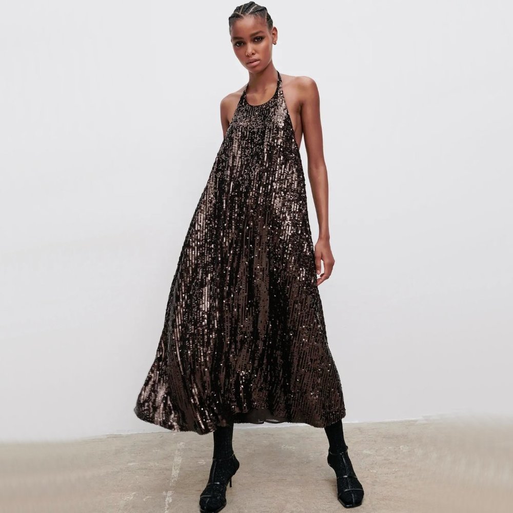 NWT Zara rich brown sequin halter long dress, M